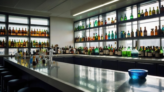 Laboratory bench with rows of organized scientific glass bottles