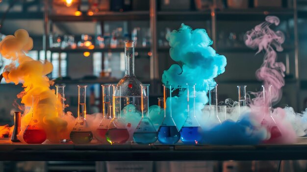 A laboratory filled with beakers and test tubes emitting colorful vapors capturing the essence of chemical research