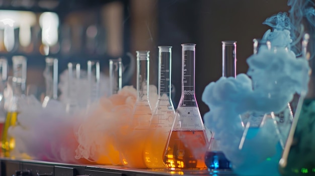 A laboratory filled with beakers and test tubes emitting colorful vapors capturing the essence of chemical research