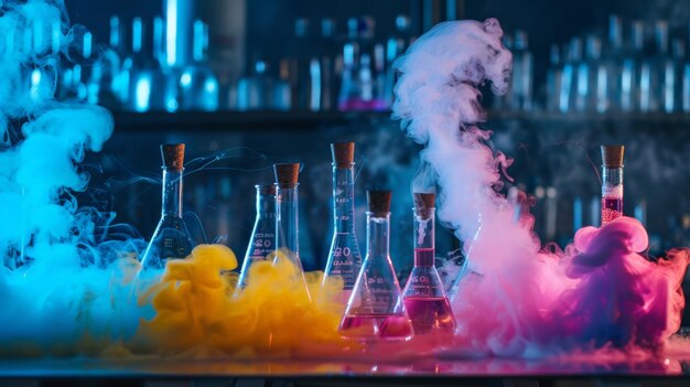 A laboratory filled with beakers and test tubes emitting colorful vapors capturing the essence of chemical research