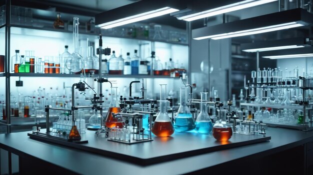 Laboratory Filled With Various Colored Liquids