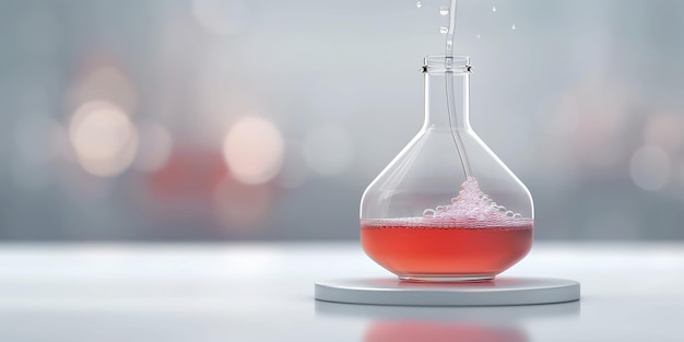 Photo a laboratory flask filled with bubbling pink liquid set against a softly blurred background ideal for sciencethemed projects