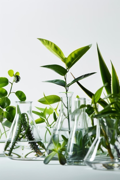 Laboratory glassware adorned with vibrant plants against a pristine white background combining