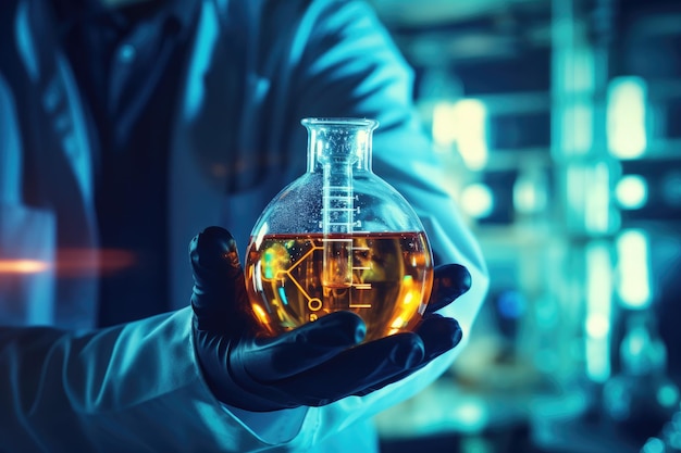 Laboratory glassware containing chemical liquid Science and chemistry background Hand of a worker man taking wheat spikes at sunset closeup AI Generated