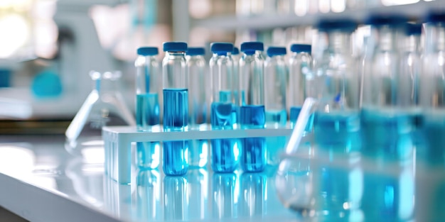 Laboratory glassware filled with blue liquid on a reflective surface in a bright laboratory setting