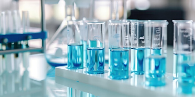 Laboratory glassware filled with blue liquid on a reflective surface in a bright laboratory setting