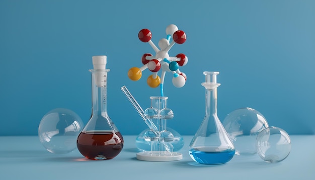 Photo laboratory glassware and molecule model on blue background