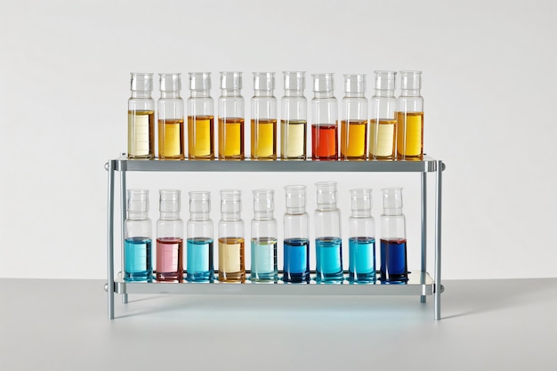 Photo laboratory glassware rack containing multiple test tubes filled with yellow orange and blue liquid samples for an experiment