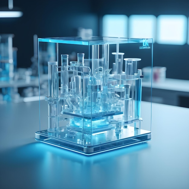 Laboratory glassware on table in science laboratory 3d rendering