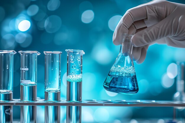 Laboratory glassware with blue liquid in scientist hand science research and development concept