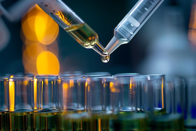 Laboratory glassware with blue and purple light bokeh background