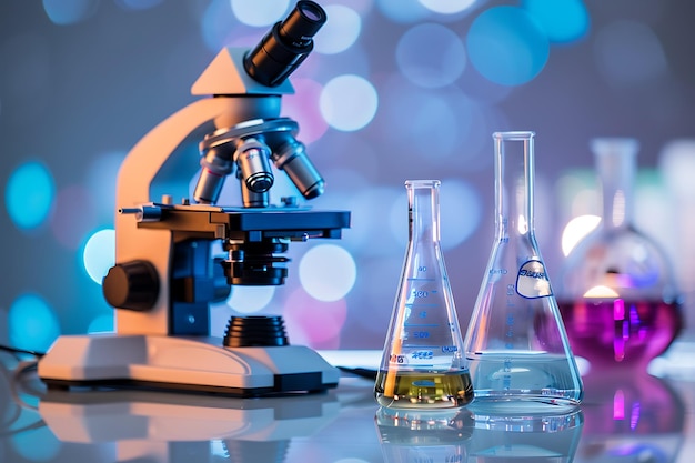 Laboratory glassware with colorful bokeh background science research concept