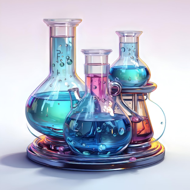 Laboratory glassware with colorful liquid 3d render illustration