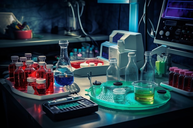 Laboratory glassware with colorful liquid on table in science laboratory