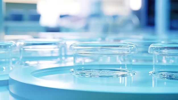 Laboratory petri dishes are placed on table