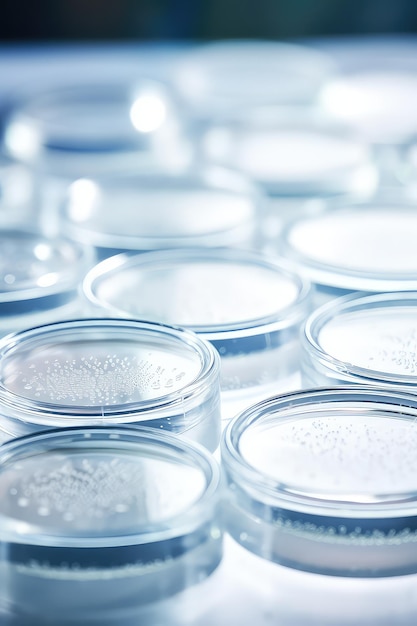 Laboratory petri dishes are placed on table