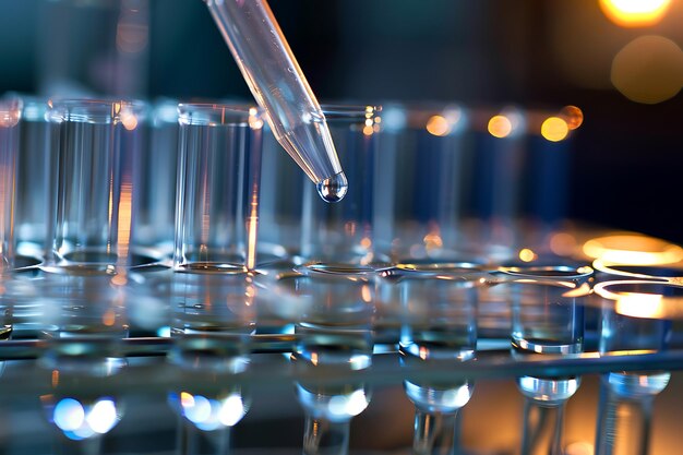 Laboratory pipette dropping liquid into test tubes closeup