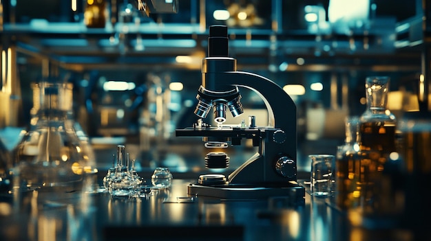 A laboratory scene featuring a sophisticated microscope as the main focus surrounded