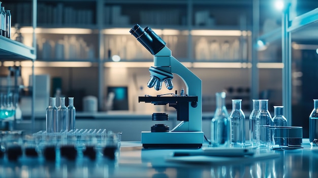 A laboratory scene with a modern microscope as the main focus surrounded by various hightech