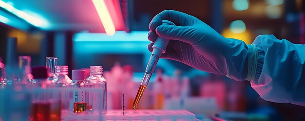 Photo laboratory scientist using a pipette to transfer liquid photo