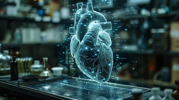 Laboratory Setting Showcasing Holographic Heart Model During Scientific Research in Modern Facility