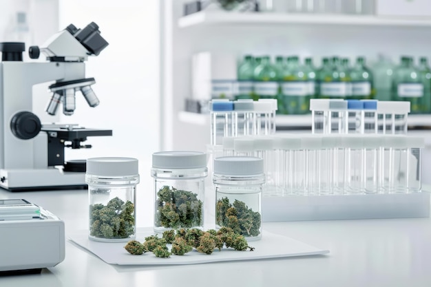 Laboratory setting with cannabis samples in jars microscope and test tubes illustrating marijuana