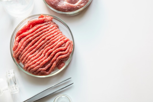 Laboratory studies of artificial meat Minced meat in glass Petri dish Chemical experiment