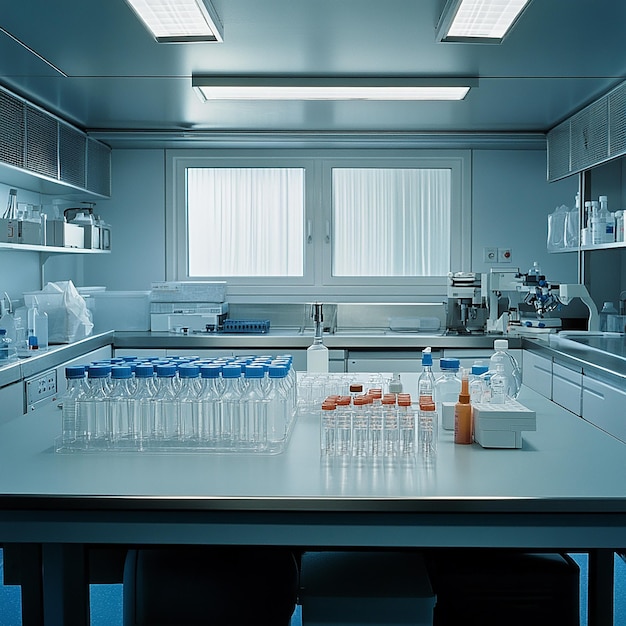 A laboratory table in a hospital setting with medical research equipment and vials