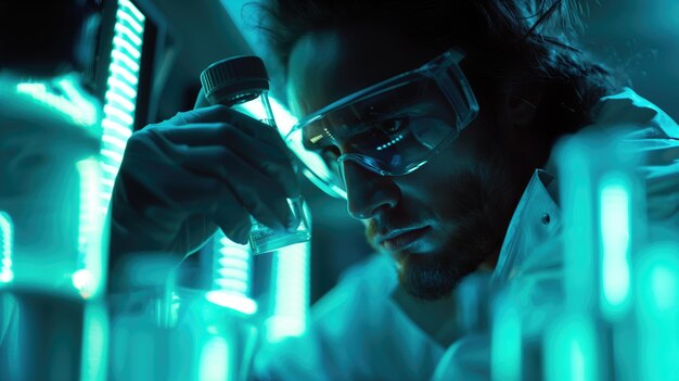 Laboratory technician bioengineer in futuristic lab making scientific research with state of the art equipment wearing safety gown and transparent glasses