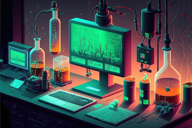 Laboratory with multiple screens and high tech devices