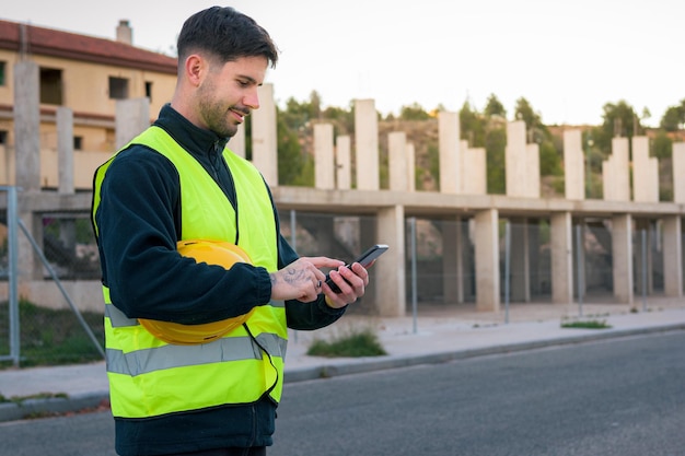 Laborer looks at a cell phone while holding a yellow hard hat with a construction site in the background