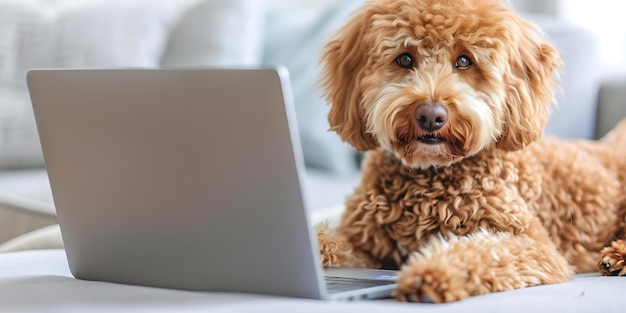 Labradoodle dog using technology to order food online via laptop Concept Labradoodle Technology Online Ordering Laptop Food Delivery