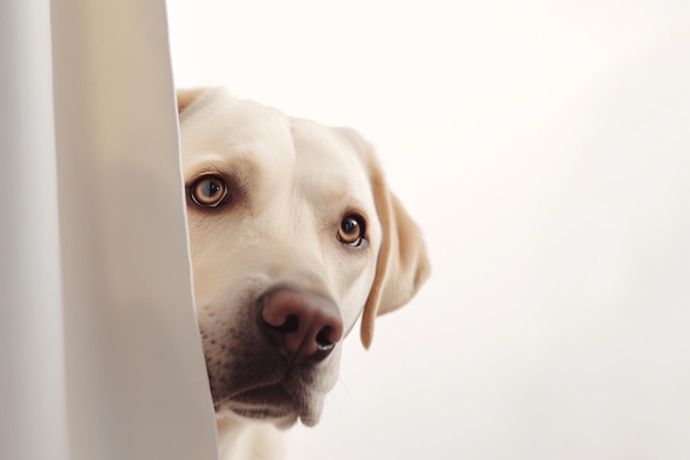 A labrador is lookingh through a coloured wall