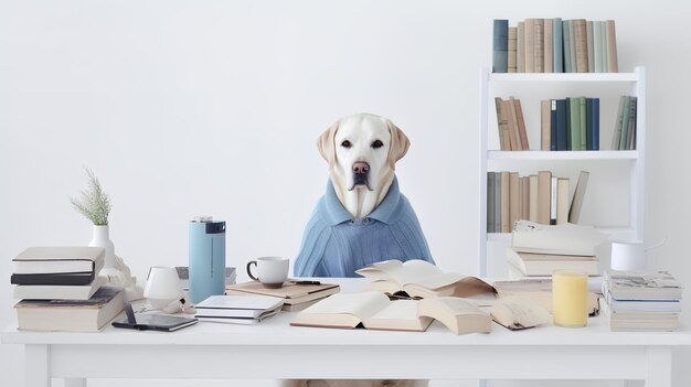 Labrador Retriever in a clothes sitting in the study with cups and stacks of books