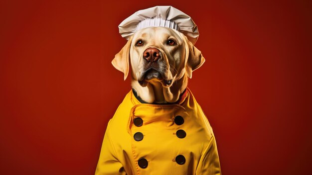 Labrador Retriever Dog Dressed As A Chef On Dark Yellow Colour Background