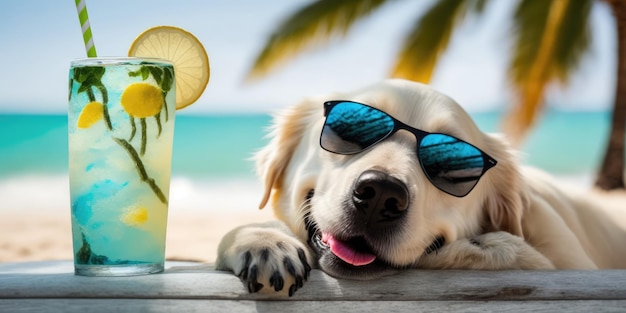 Labrador Retriever dog is on summer vacation at seaside resort and relaxing rest on summer beach of Hawaii