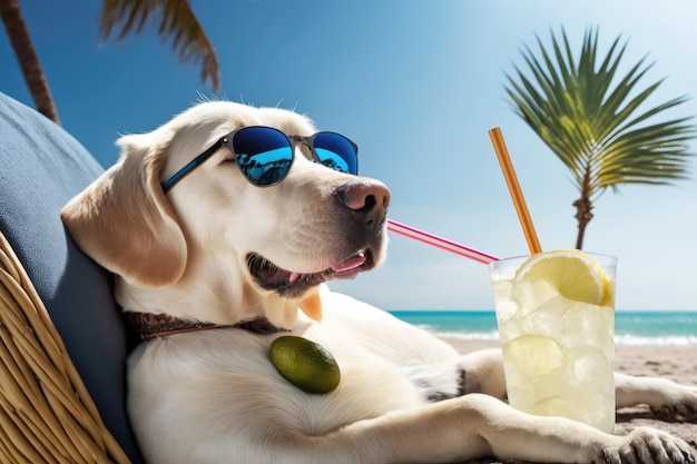 Labrador retriever dog is on summer vacation at seaside resort and relaxing rest on summer beach of Hawaii