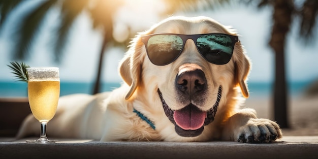 Labrador Retriever dog is on summer vacation at seaside resort and relaxing rest on summer beach of Hawaii