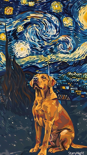 Photo labrador retriever dogs labrador retriever vincent van gogh the starry night painting style