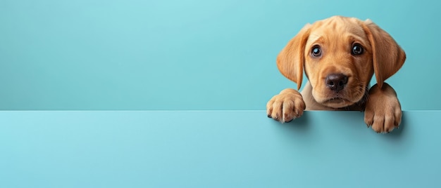 Photo labrador retriever puppy dog peeking out from the edge of a blank billboard with his paws