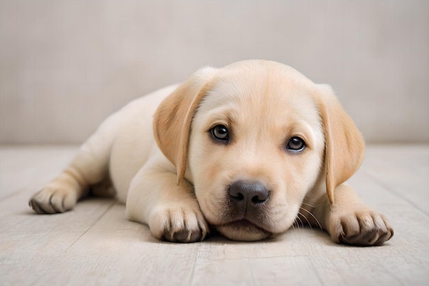 A Labrador Retriever puppy is lying on the floor