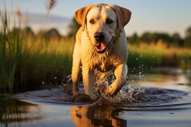 labrador retriever running through water