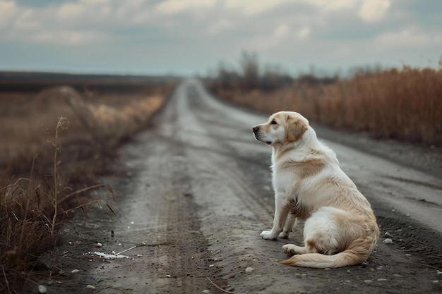 Labrador retriever sitting on a dirt road in the field