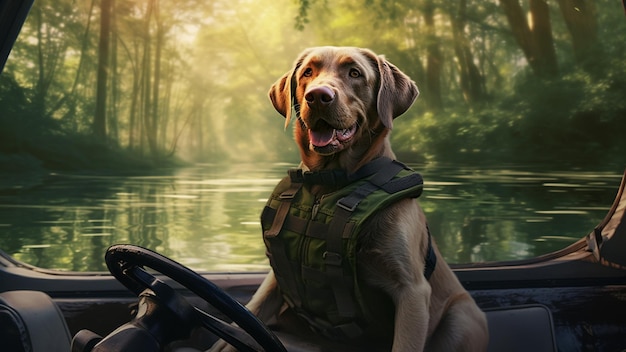 A Labrador Retriever wearing a life vest enjoying a boat ride full HD