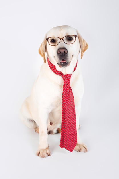 Labrador retriever yellow purebred dog with tie and glasses