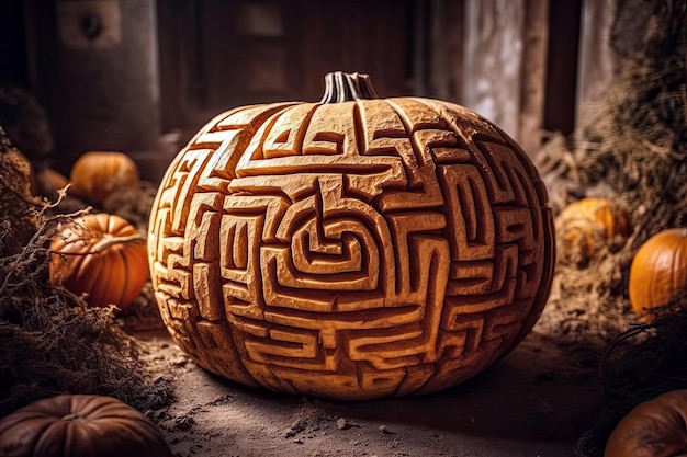 Labyrinth Carved Into Pumpkin Generative AI