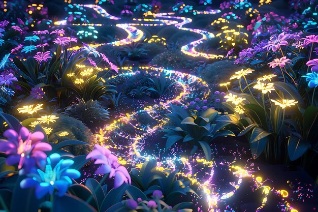 Photo a labyrinth of glowing pathways winds through a virtual garden where fractal flowers bloom in algorithmic perfection