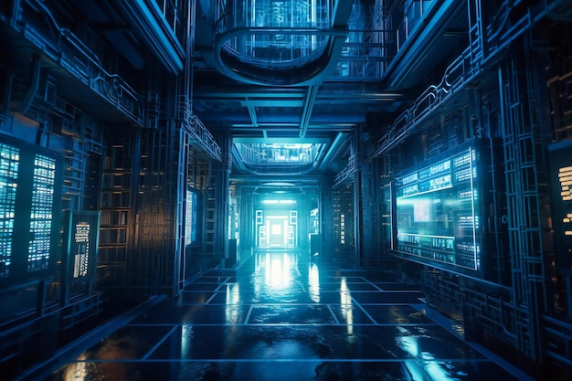 A labyrinthine server room revealing the complex architecture of network technology bathed in a soothing aquamarine light