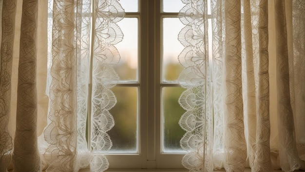 Lace curtains frame a window filtering soft daylight and creating warmth