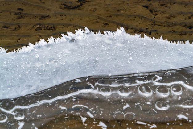 Lace patterns of the frozen water edge on the pond